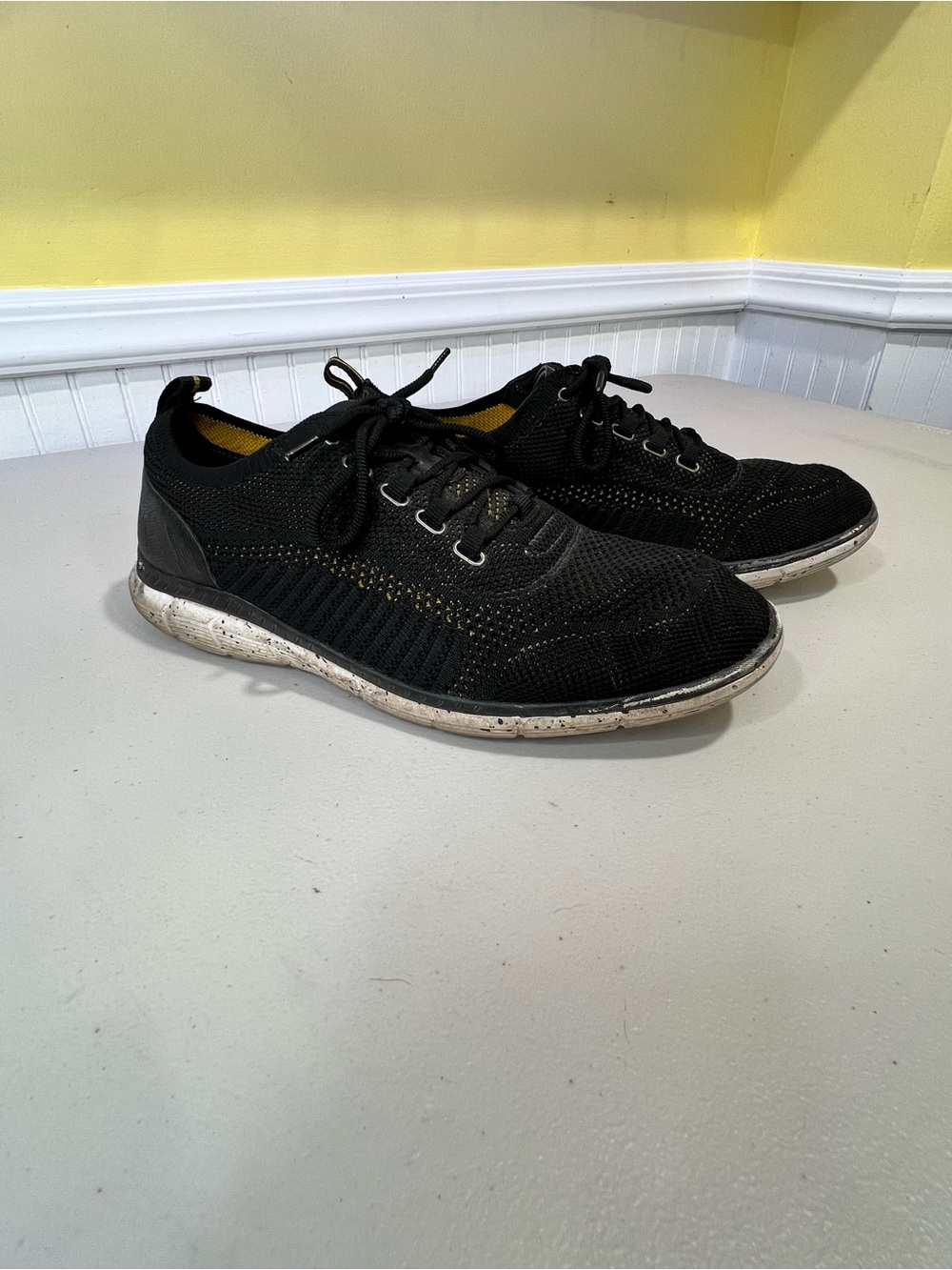 Men's Black Knit Lace-Up Sneakers with Yellow Accents